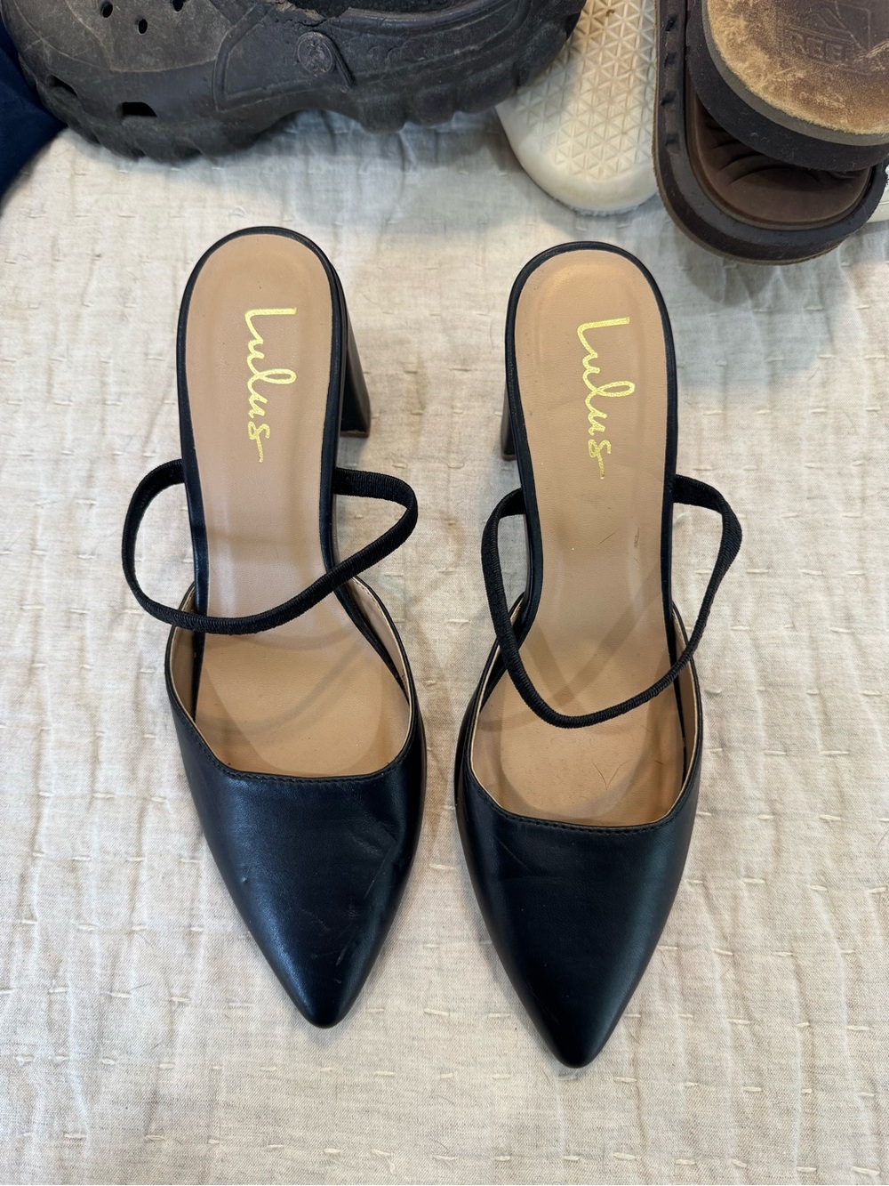 Lulu's Black Pointed Toe Strappy Mule Heels